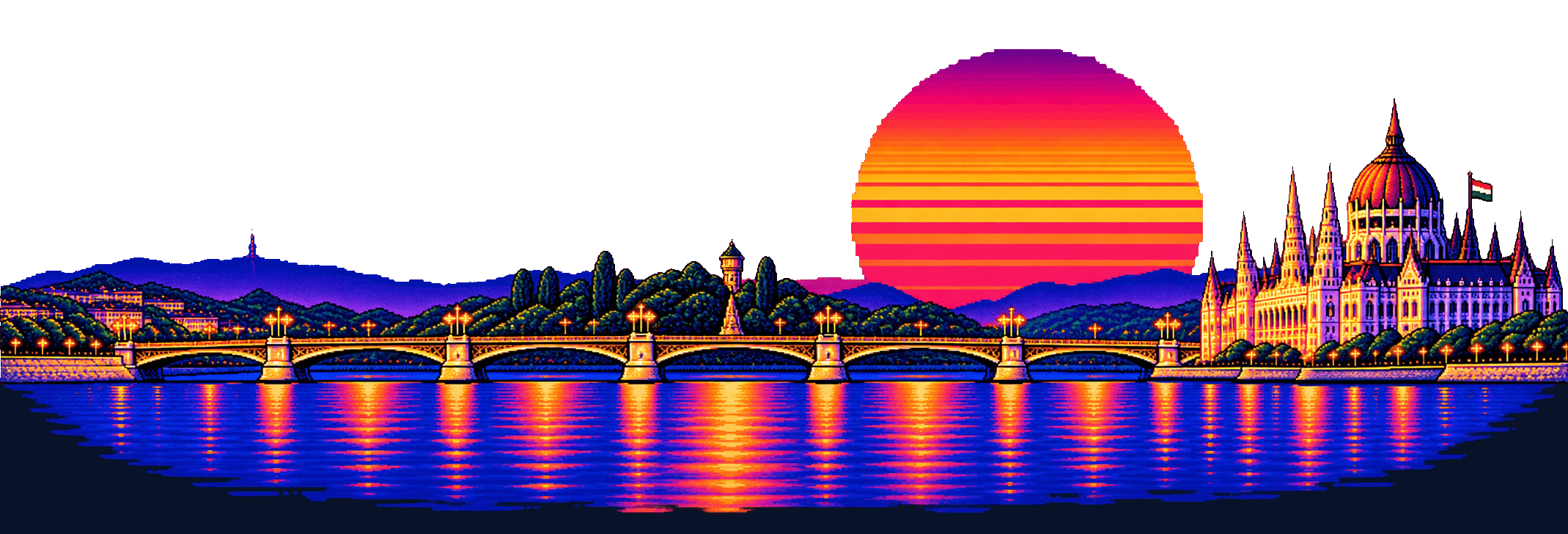 Pixel art of Budapest at sunset, the Chain Bridge and Parliament on the Danube
